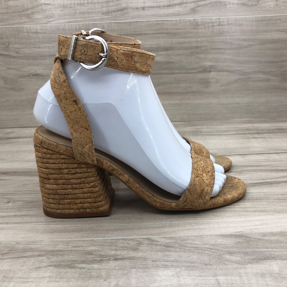 Steve Madden Heel Sandals Womens 6.5M Merritt Tan Cork Ankle Buckle Strap Shoes